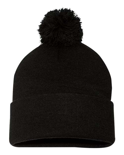 Sportsman SP15 — 12in Pom-Pom Cuffed Beanie (Black)